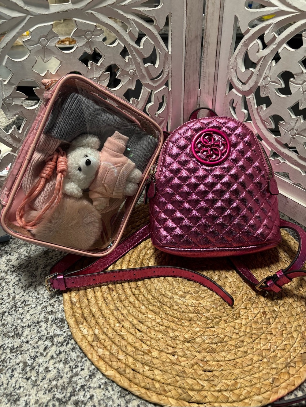 Guess Metallic Quilted Mini Backpack - Magenta with gift set - Picture 2 of 14